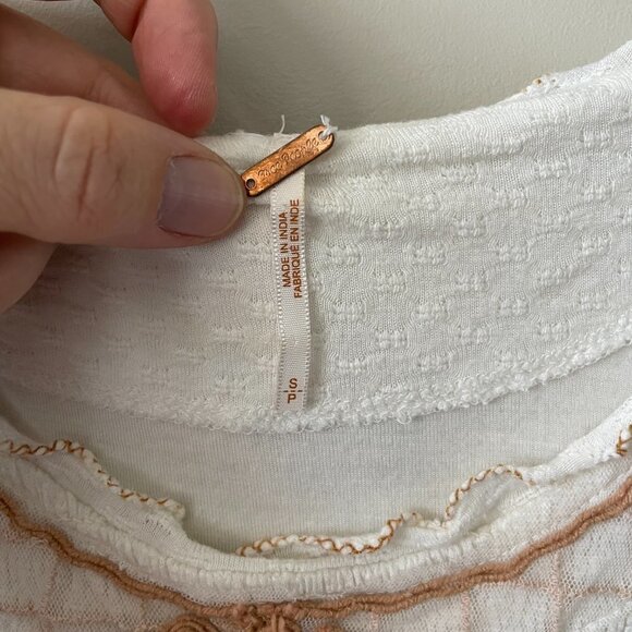 Free People Begonia Tee Embroidered Blouse Top White Brown Small - Picture 6 of 8